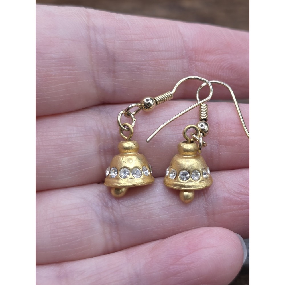 vintage drop earrings W/ a gold-toned bell design w/ Small Crystal Stones
